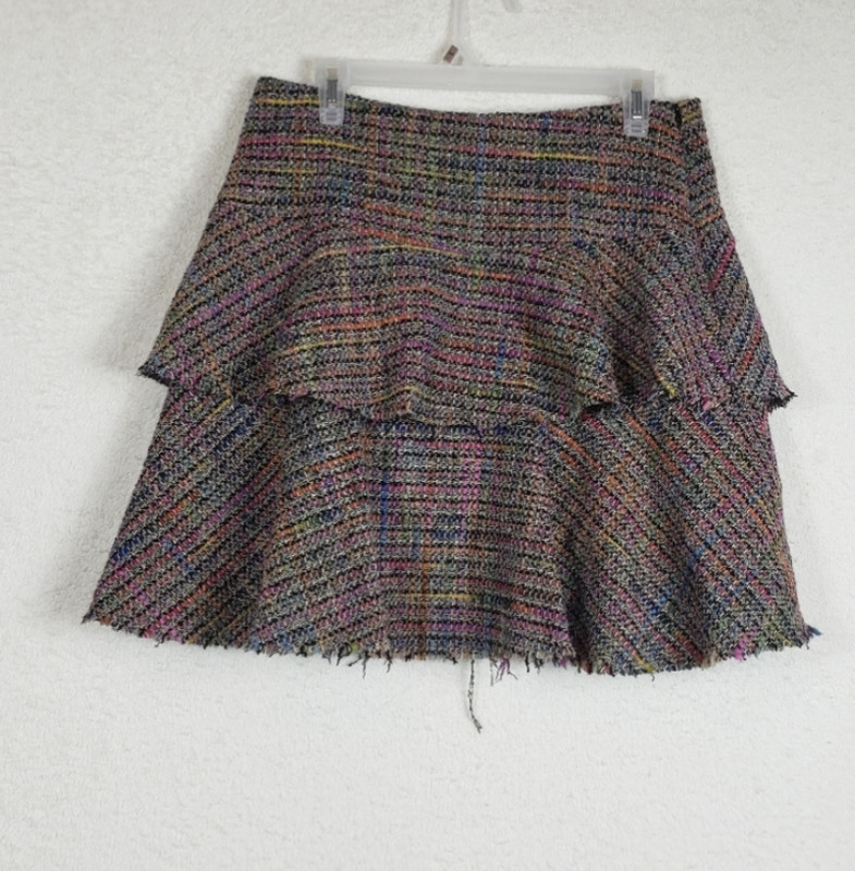 Trina Turk Tiered Ruffle Frayed Tweed Multicolor Rainbow Wool