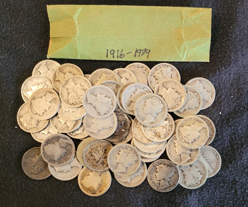 Mercury Dime Roll (50 Coins) 90% Silver (mixed 1916-1939) Free Shipping