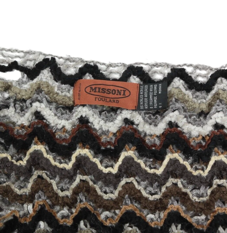 MISSONI FOULARD Gray Brown Italy Chevron Zig Zag Pattern Fringe Scarf /787 - Image 3 of 3