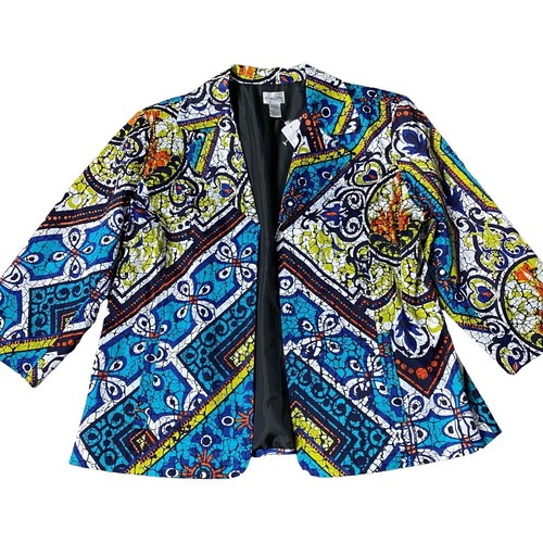 CHICO'S CHICOS 2 Celebration Eyelet Blazer Aqua Blue Geometric