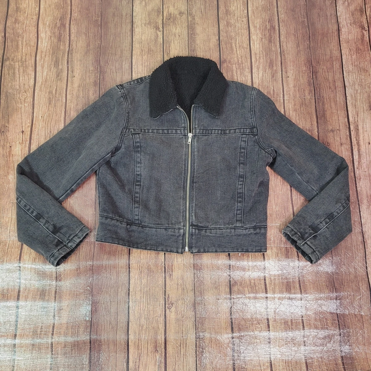 John Galt Brandy Melville Womens Jacket Gray Black S Denim Sherpa Lined  Full Zip