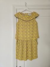 Woman's lovely swan print, yellow, summer holiday mini dress size 8.Mademoiselle