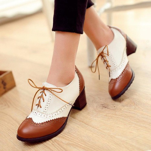 Retro Damen Mädchen College Freizeit Brogue Block Mittelhoher Absatz Oxford-Schuhe Schnürschuhe - Bild 1 von 14