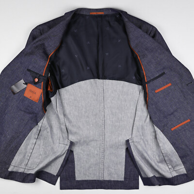 NEW $3,895 Isaia 'Cortina' Aegean Blue Linen/Cotton Twill 2B Men's