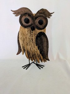 Handmade Vtg Owl Made From Drift Wood And Tin. Sits On Its On.