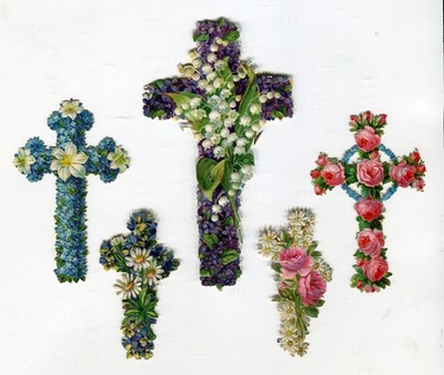 Glanzbilder Oblaten  scraps   Blumenkreuze Rosen  12,5 cm