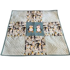 Handmade Penguin Patchwork Quilted Baby Blanket Blue Teal Floral Reverse 36x36