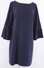 Talbots Solid Navy Blue Ruffle Trim Flare Sleeve Tie Back Shift Dress Size 8 New