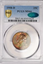 1958 D TONED Washington Quarter PCGS CAC MS66 Toning Coin SEE VIDEO 25C