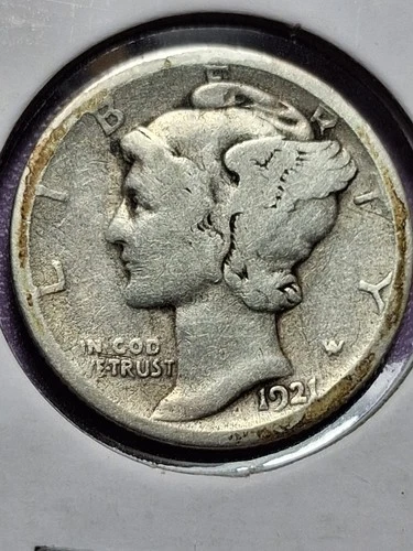 1921-D MERCURY DIME. VG CONDITION. KEY DATE. SCARCE. RARE. LOW MINTAGE