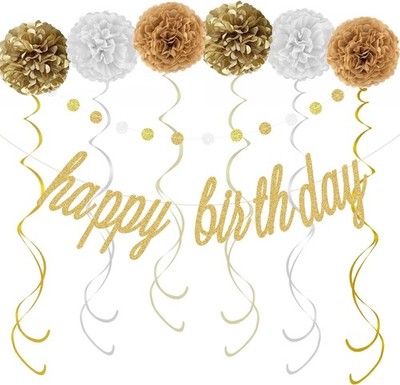 Gold Happy Birthday Decorations   Gold Happy Birthday Banner, Paper Pom Poms...