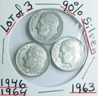Lot of 3 Roosevelt Dime 90% Silver 1946 -1963 1964 VG Condition Look& Judge them