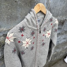 Eddie Bauer Women's Gray Wool-Blend Hooded Cardigan Snowflake Fair Isle Y2k Vtg
