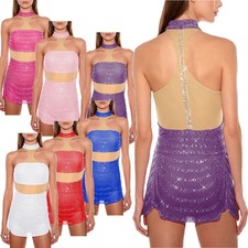 Womens Dress Celebrate Costume Sleeveless Leotard Latin Halter Party Rhinestone