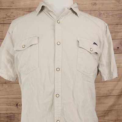 Lucky Brand Shirt Mens XL Beige Solid Short Sleeve Snap Button-Up Pockets Casual