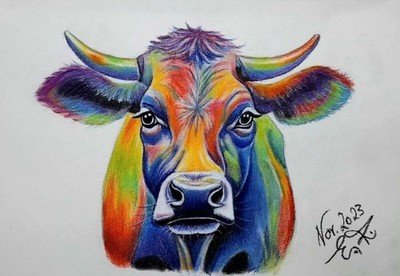 Bunte Kuh  Pastellkreidezeichnung 19x29 cm A4 im Bilderhalter Einzelstück