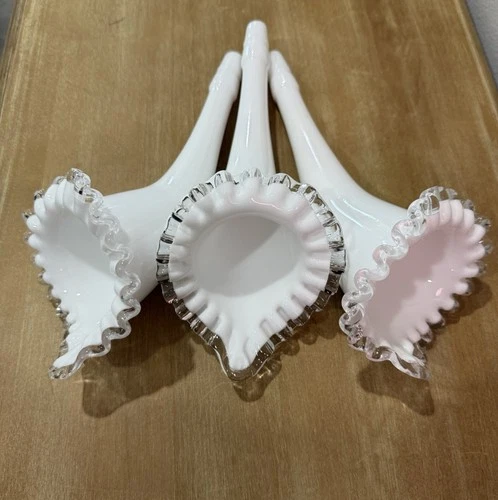 VTG • 3 Fenton Silver Crest Epergne Horn Vase Insert • Milk Glass • Clear Crest