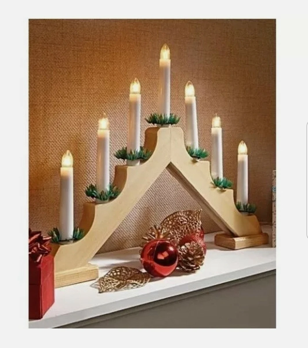 7 Bulb LED Real Pine Wood Battery Operated Window Candle Bridge