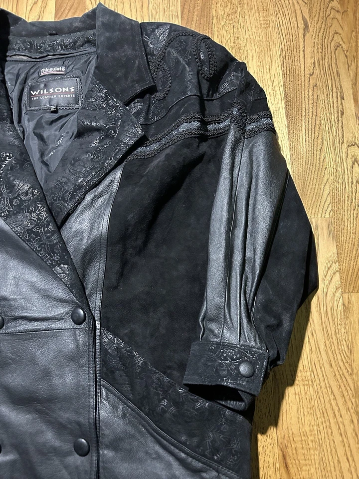 Gabardina de cuero Wilson’s para mujer XL negra cachemira botones pattereados romance Foto 3 de 4