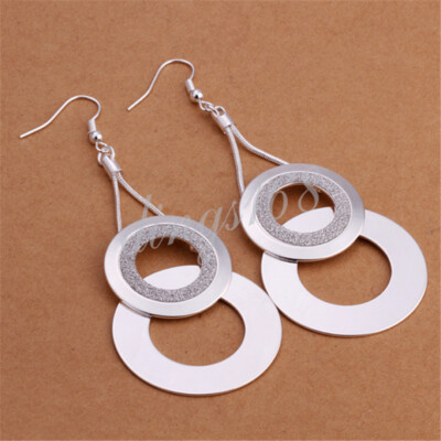 925 Sterling Silver Tarnish-Resist Long Thread Double Hoop Dangle Earrings S892
