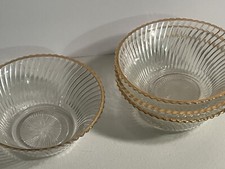 Set of 4 Vintage Ribbed Glass Swirl Dessert Bowls Gold Rim Perfect Condition