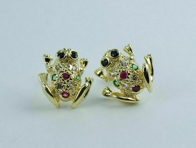 Lab Created Round Emerald Sapphire Ruby 14K Yellow Gold Plated Frog Stud Earring