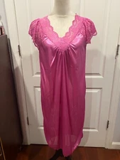 Women Magenta Purple Silky Short Sleeve VNeck Lace Nightgown Thin 4XL 40"Lx24"W