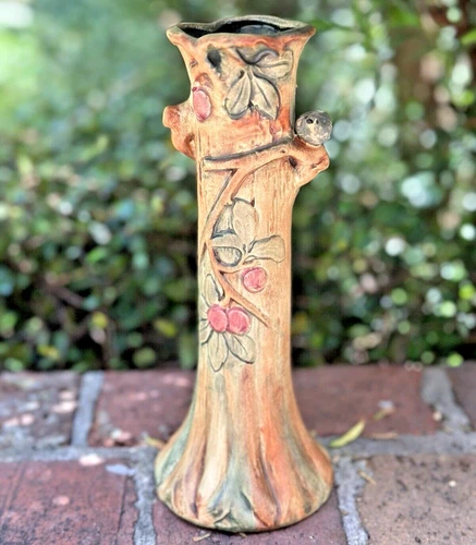 WELLER POTTERY WOODCRAFT 9" VASE WITH BIRD....SIGNED! THE BEST MOLD & COLORS!