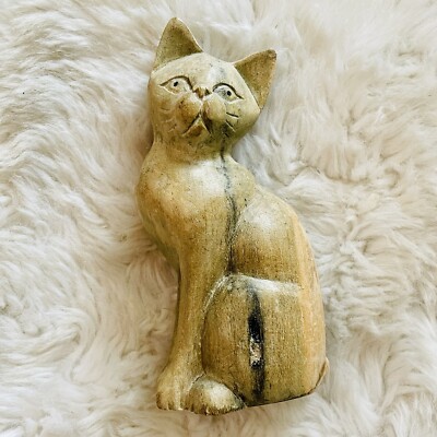 Polierte geschnitzte Holzfigur Katze Realismus 3D handgeschnitzt natur gemasertes Holz