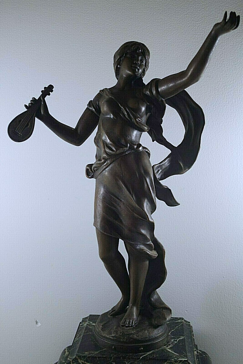 SAMUEL MARTI ANTIQUE AUGUSTE MOREAU BRONZE LA CIGALE MARBLE CLOCK
