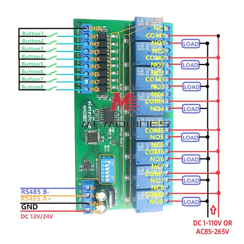 DC 12V 24V 8 CH DIN35 C45 DIN Rail Box UART RS485 Relay Module Modbus RTU Switch - Picture 7 of 16