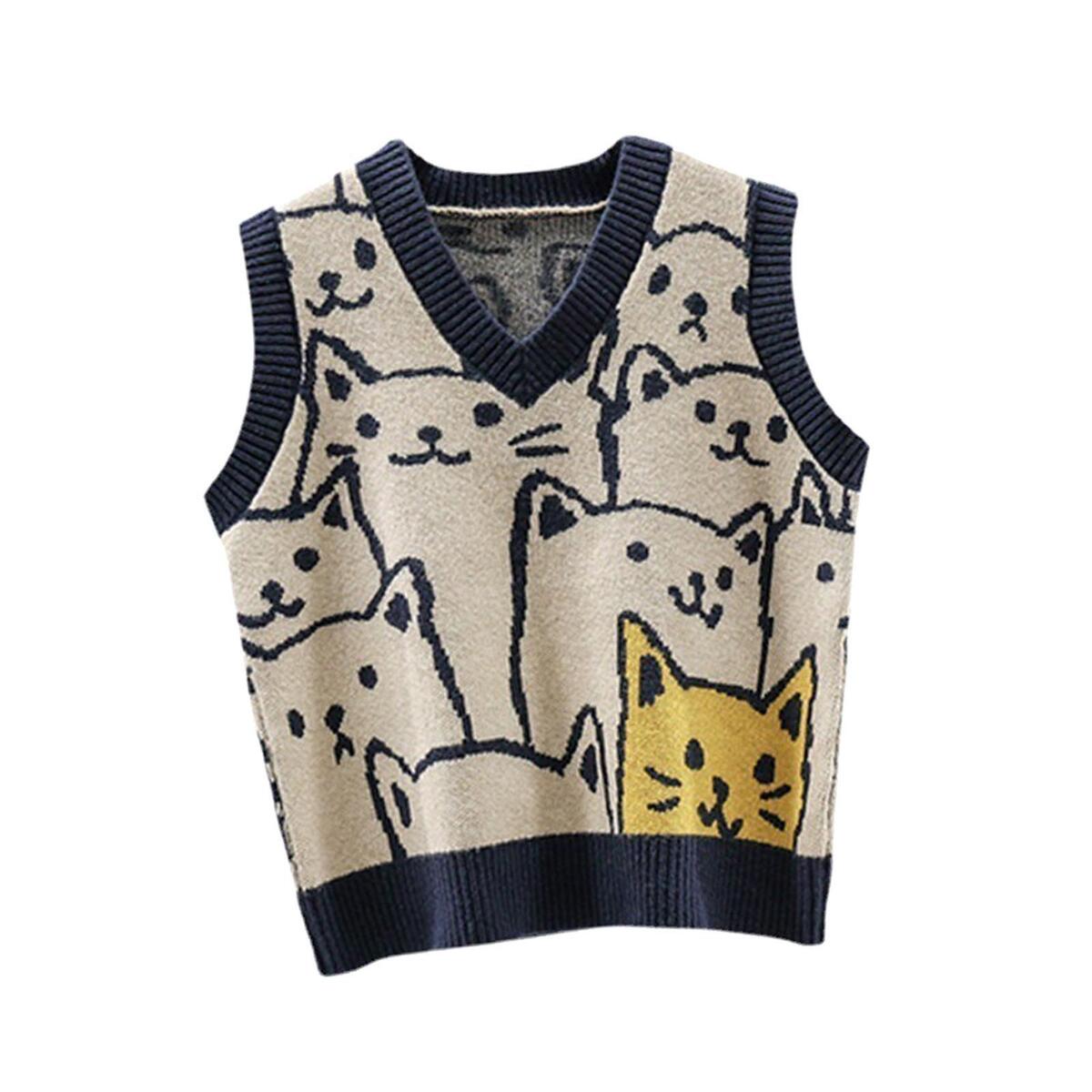 Women Knitted Sweater Vest Cute Cartoon Animal Patterns Vintage Breathable