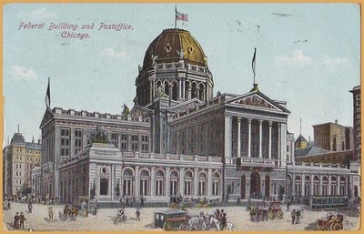 Chicago, ILL., Federal Building and Post Office, Horse & Buggies out front-1910