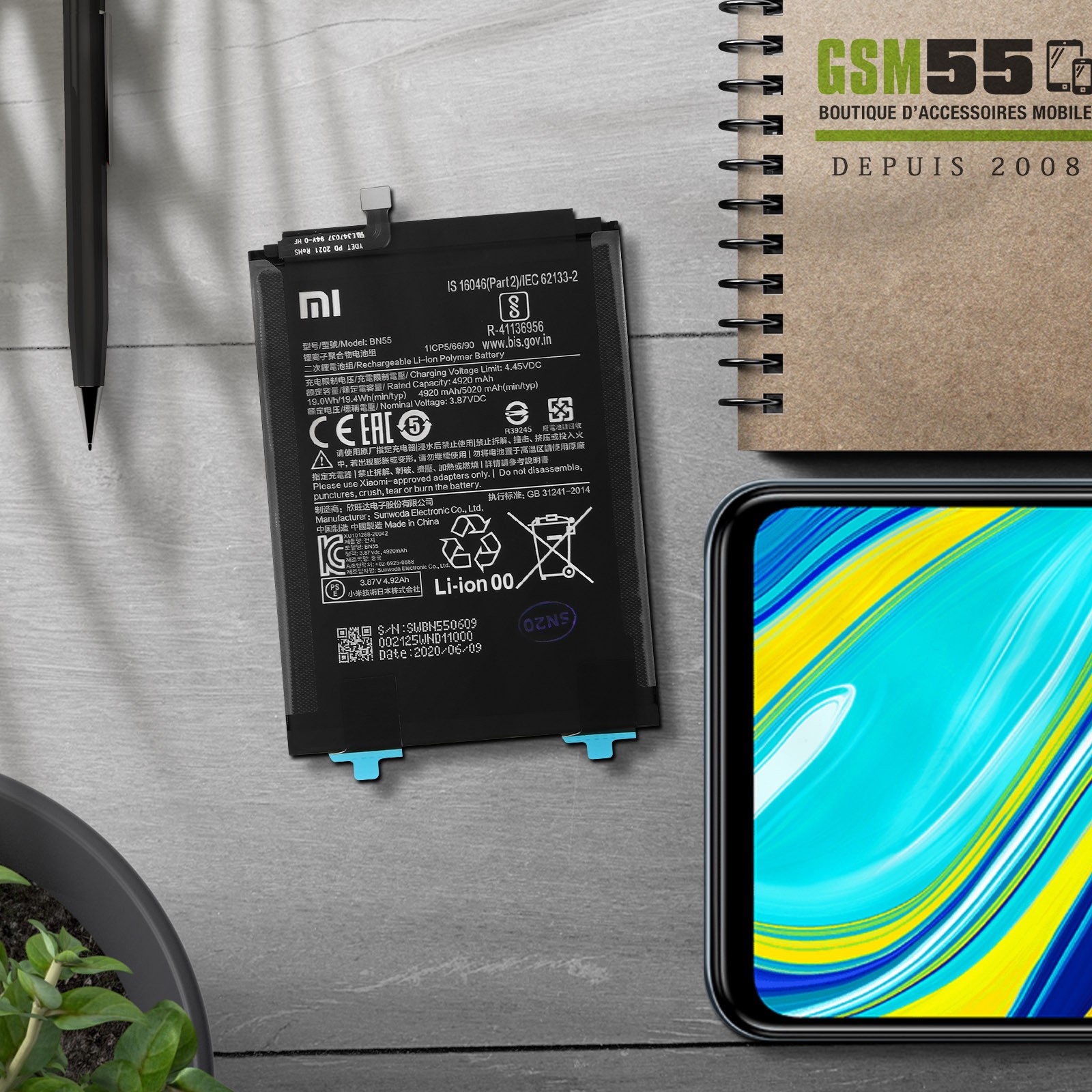 Batteria originale Xiaomi Redmi Note 9S haute capacité 5020mAh BN55 durable