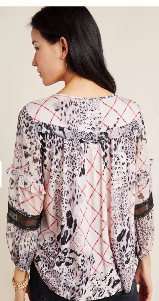 Anthropologie Mathilda Balloon Sleeve Mixed Print Blouse Size Small Floral Boho - Изображение 2 из 4