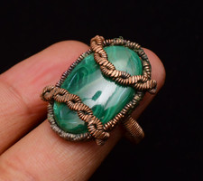 Malachite Gemstone Copper Wire Wrapped Handmade Jewelry Ring Size 7.5