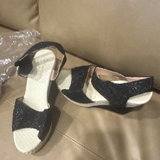 S. Barros Black Glitter Slingback Wedge Sandals Women's Casual Summer Straps