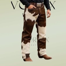 Men's Brown White Cowhide Hair On Hide Leather Pants Western Rodeo pants