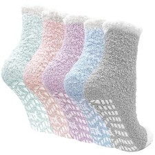 Fuzzy Socks with Grips for Women: Plush Winter Warm Soft Cozy Solid-5 Pairs