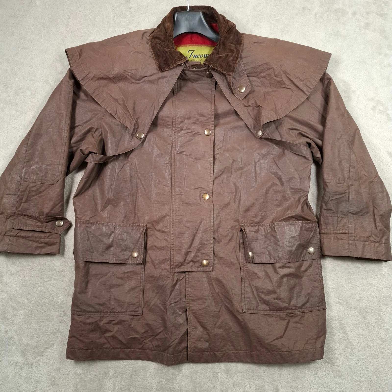 Incom Raincoat Mens 42 Brown Waxed Jacket Vintage Button Up Coat Duster