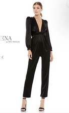 IEENA MAC DUGGAL A2647 Black Front Twist Puff Sleeve Deep V-Neck Jumpsuit size10