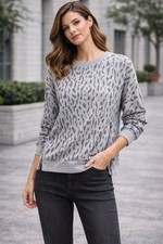 Rails Gray Animal Print Cotton Crew Neck Pullover Sweater Zipper Accents XS