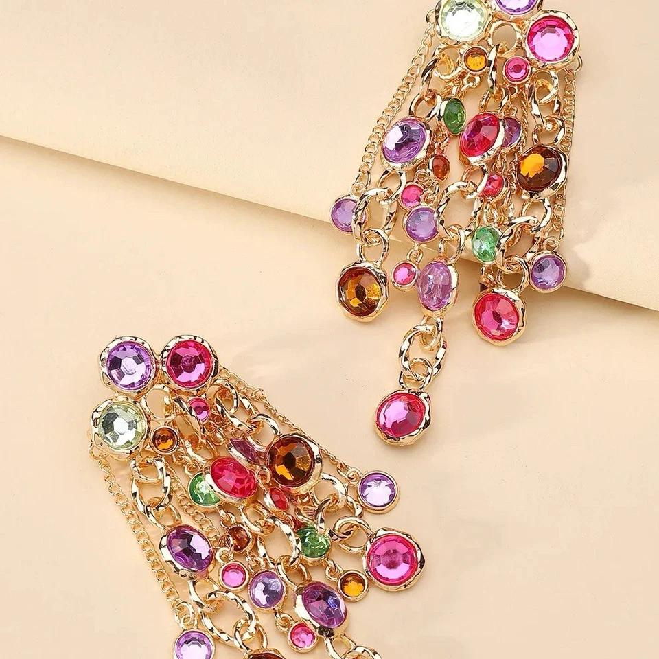 Pendientes Natasha Piedras Preciosas Cuentas Multicolor Araña Boho Cadena Cristal De Colección Circonita Foto 4 de 4