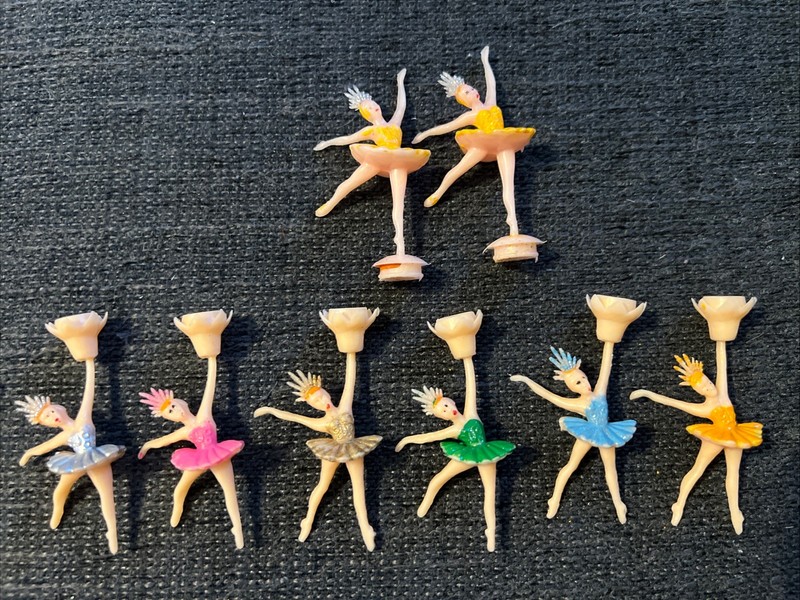 A collection of vintage plastic ballerina cake toppers. 1960s, Set Of Eight