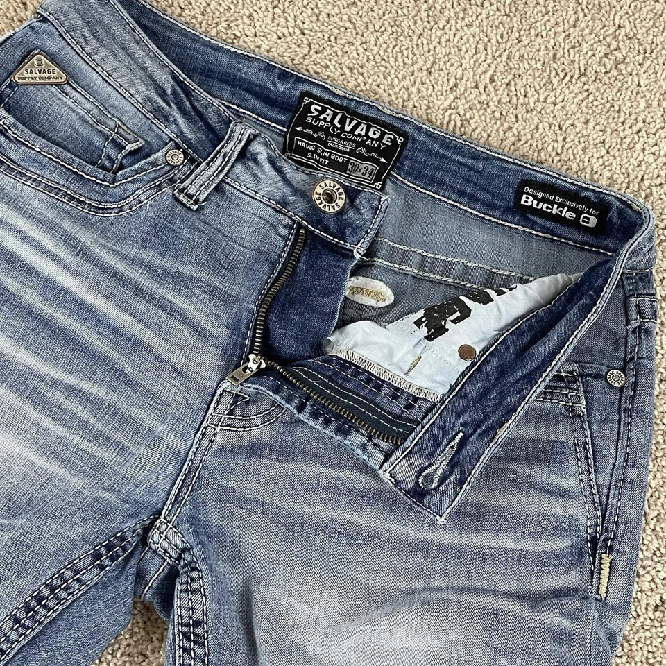 Pantalones de mezclilla Salvage Jeans para hombre 30x34 (se adapta a 30x32,5) ajustados azul F218 Foto 4 de 4