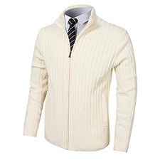 Men's Cardigan Sweaters Full Zip Up Stand Collar Slim Fit Casual Large Beige