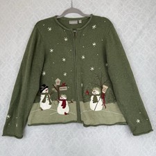 Vtg Croft Barrow Full Zip Sweater L Petite Green Embroidered Snowman Winter Cozy