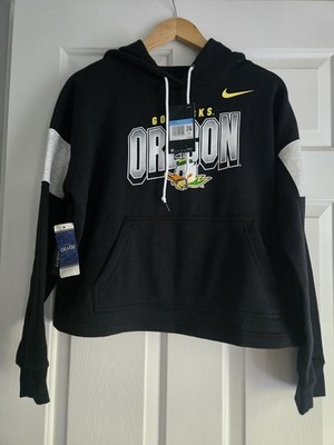 NWT Nike Oregon Ducks Women Baggy Crop Hoodie Black Gray M Puddles Mascot Logo