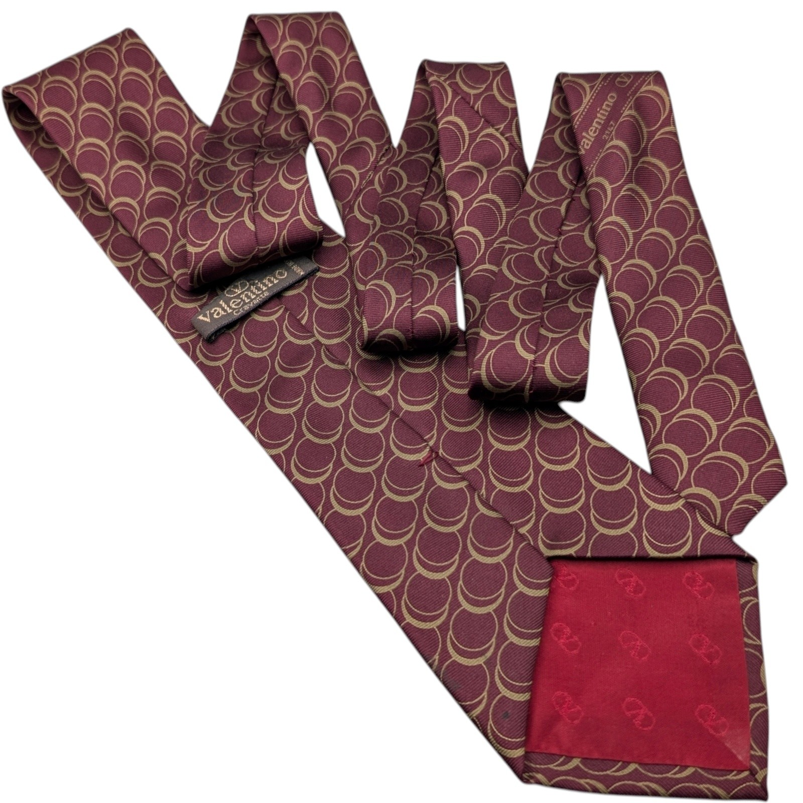 Valentino Silk Tie Mens Geometric Burgundy Gold Italy Classic Formal 57"x3.25" thumbnail 2