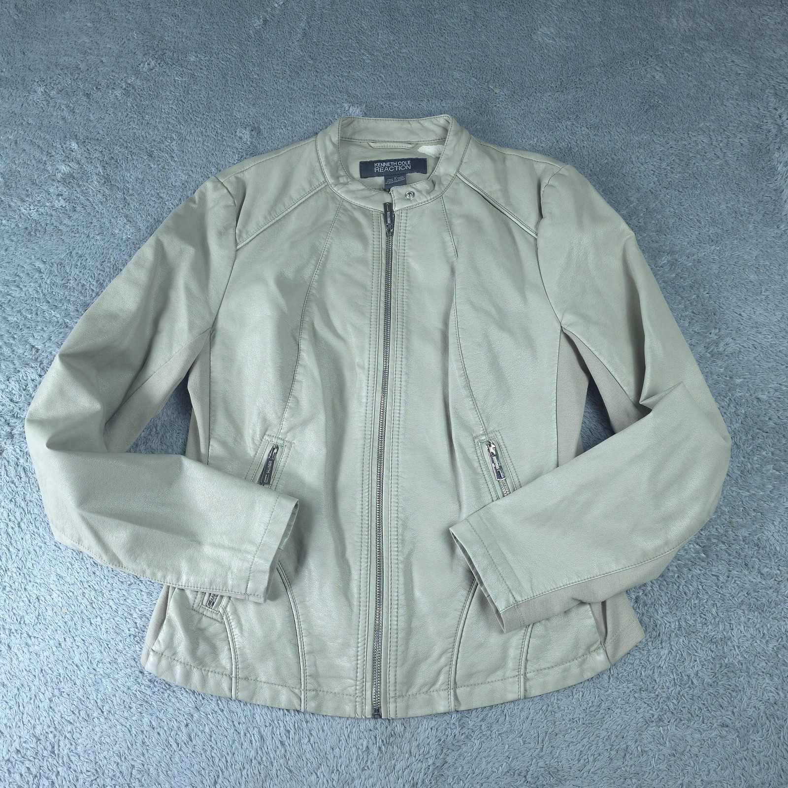 Kenneth Cole Reaction Jacket Womens Medium Beige Faux Leather Zip Pockets Moto